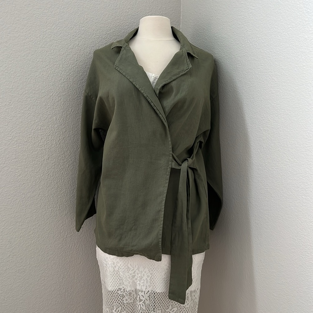 LARA G. Italian Wrap Cardigan Jacket Linen Cotton Blend Army Green Women's M